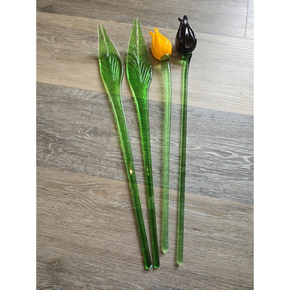 Vintage Hand Blown Art Glass Flowers Long Stem Tulips Bouquet Yellow Purple 18"